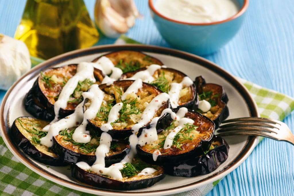 Egyptian Fried Eggplant with yogurt and garlic topping